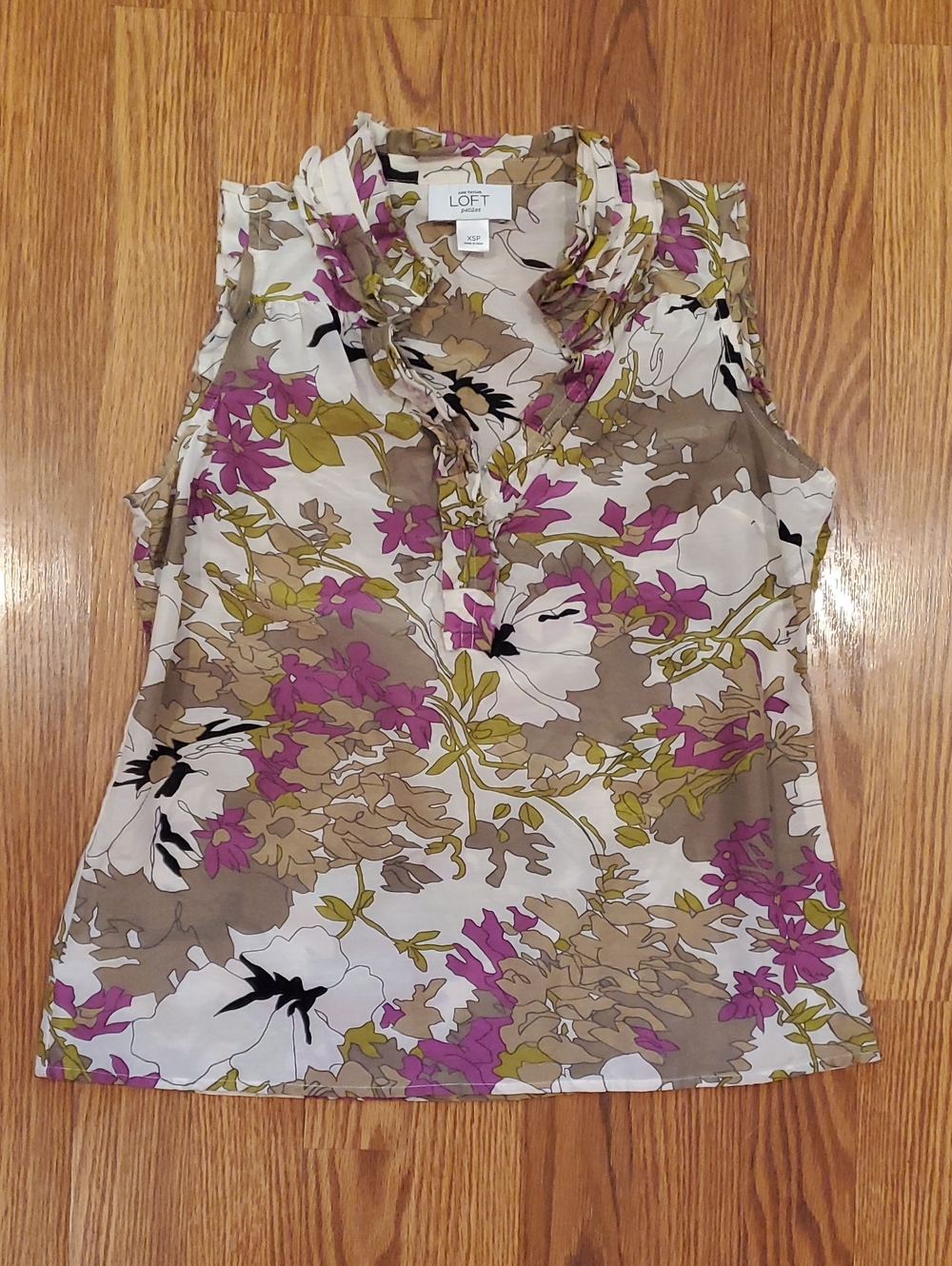 LOFT Taupe & Purple Floral Ruffle Sleeveless Top
